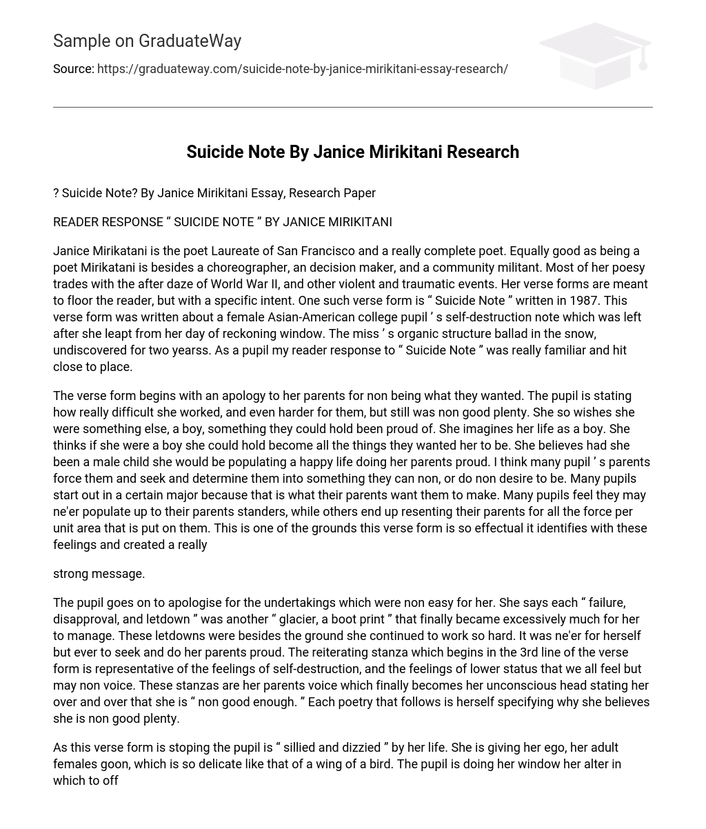 Suicide Note By Janice Mirikitani Research