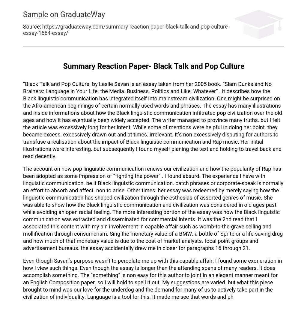 Summary Reaction Paper- Black Talk and Pop Culture