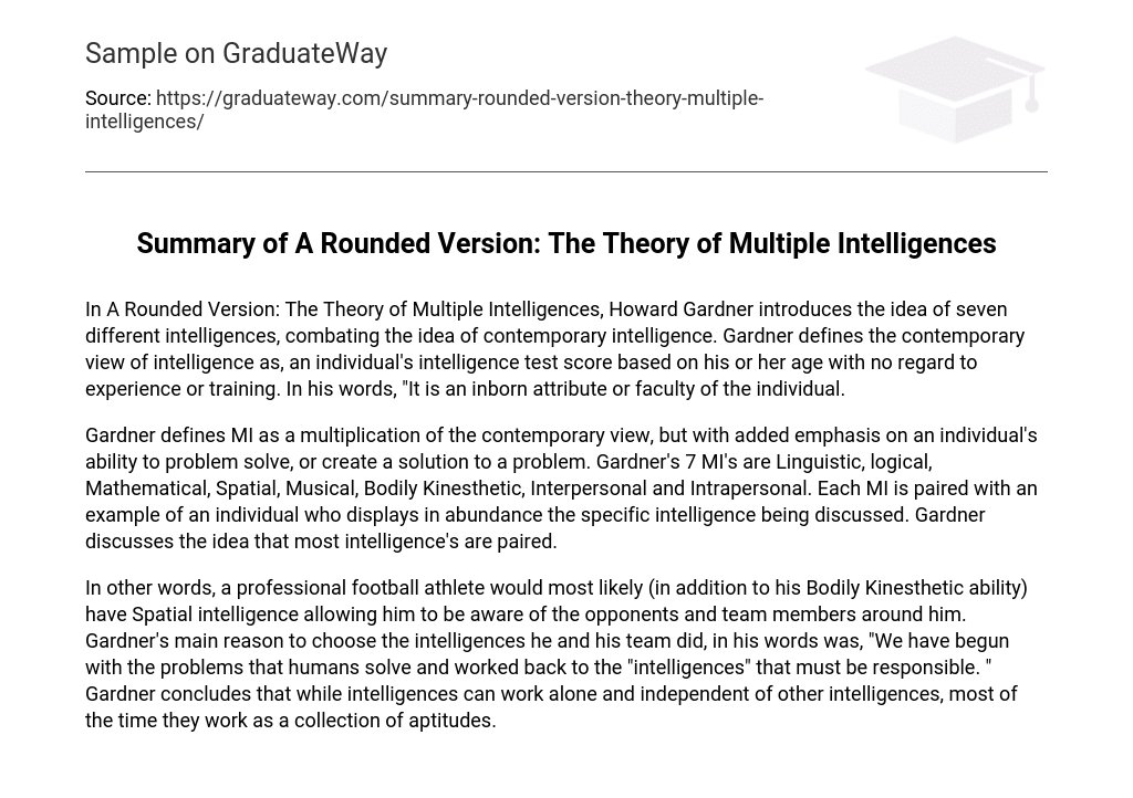 Summary of A Rounded Version: The Theory of Multiple Intelligences