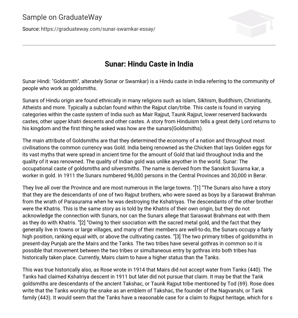 Sunar: Hindu Caste in India