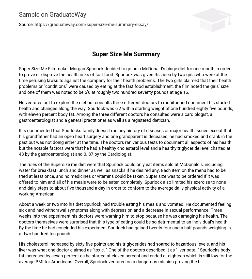 Super Size Me Summary 537 Words Free Essay Example On GraduateWay