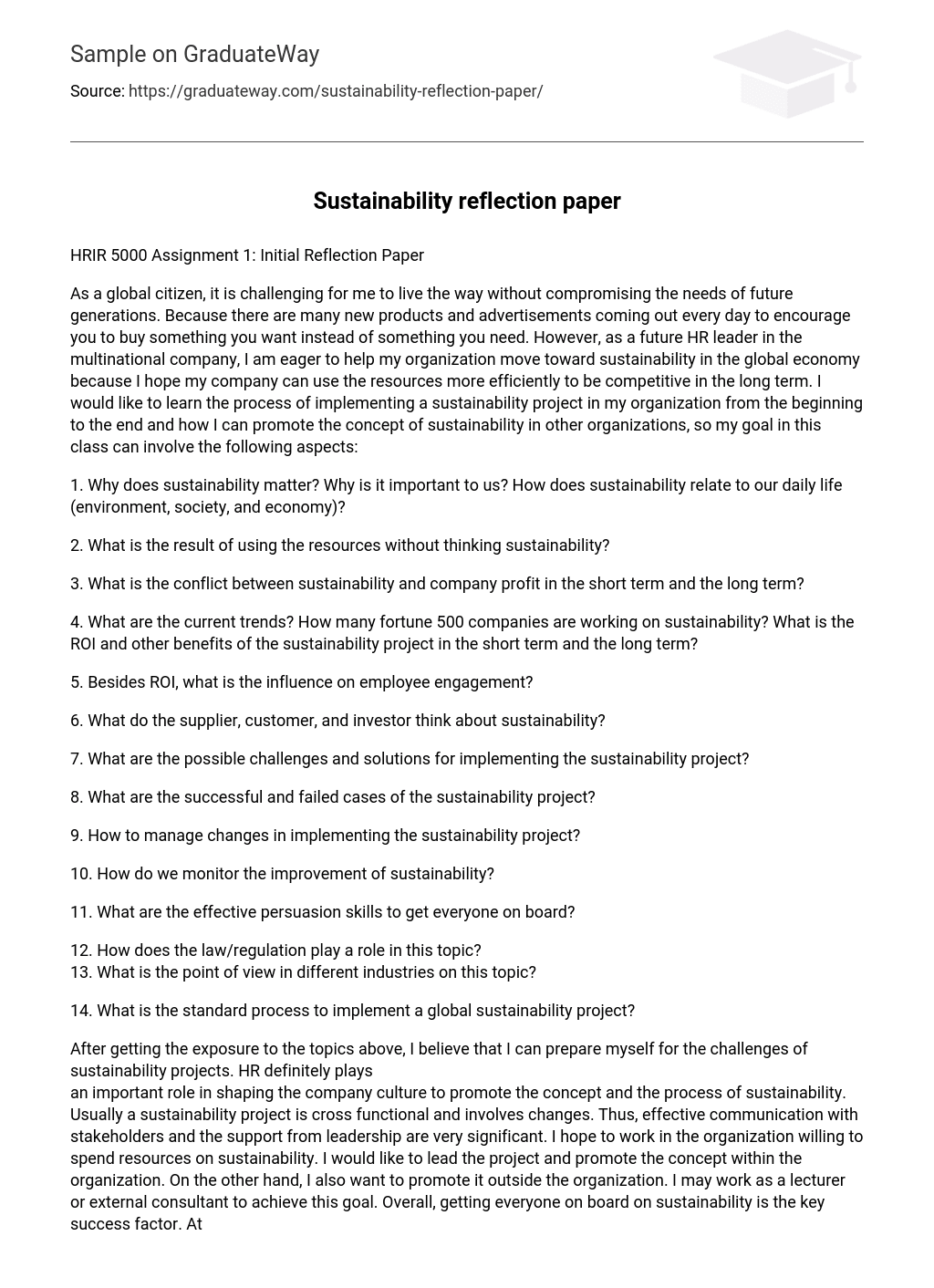 Sustainability reflection paper