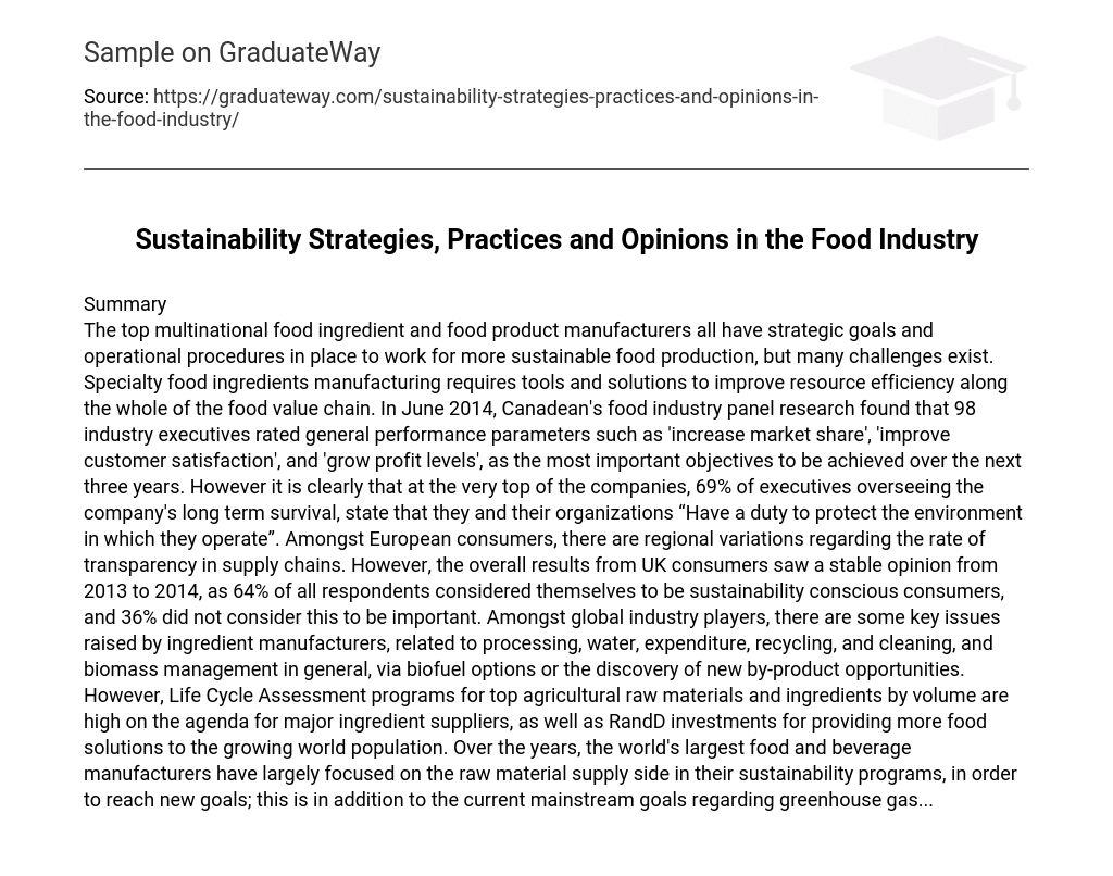 Sustainability Strategies, Practices and Opinions in the Food Industry