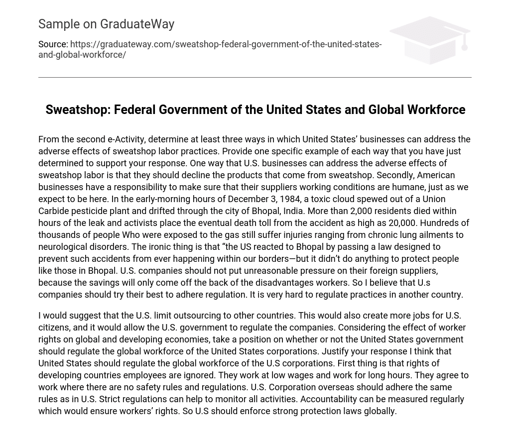 Sweatshop: Federal Government of the United States and Global Workforce