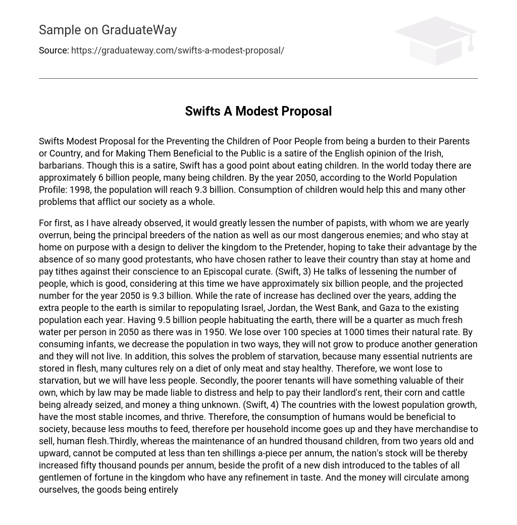 ⇉swifts A Modest Proposal Essay Example Graduateway