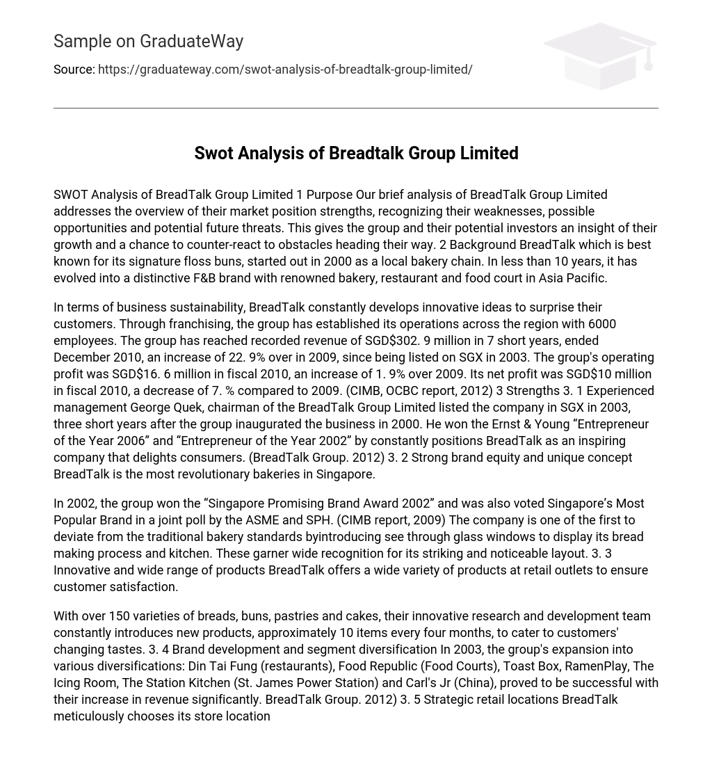 Swot Analysis of Breadtalk Group Limited