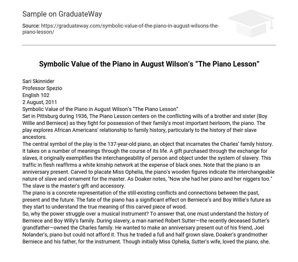 Symbolic Value of the Piano in August Wilson’s “The Piano Lesson”