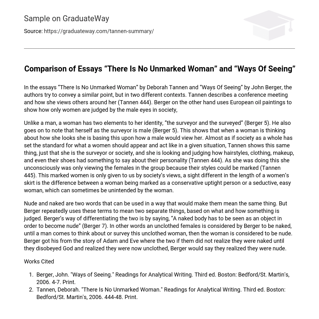 Comparison of Essays “There Is No Unmarked Woman” and “Ways Of Seeing”