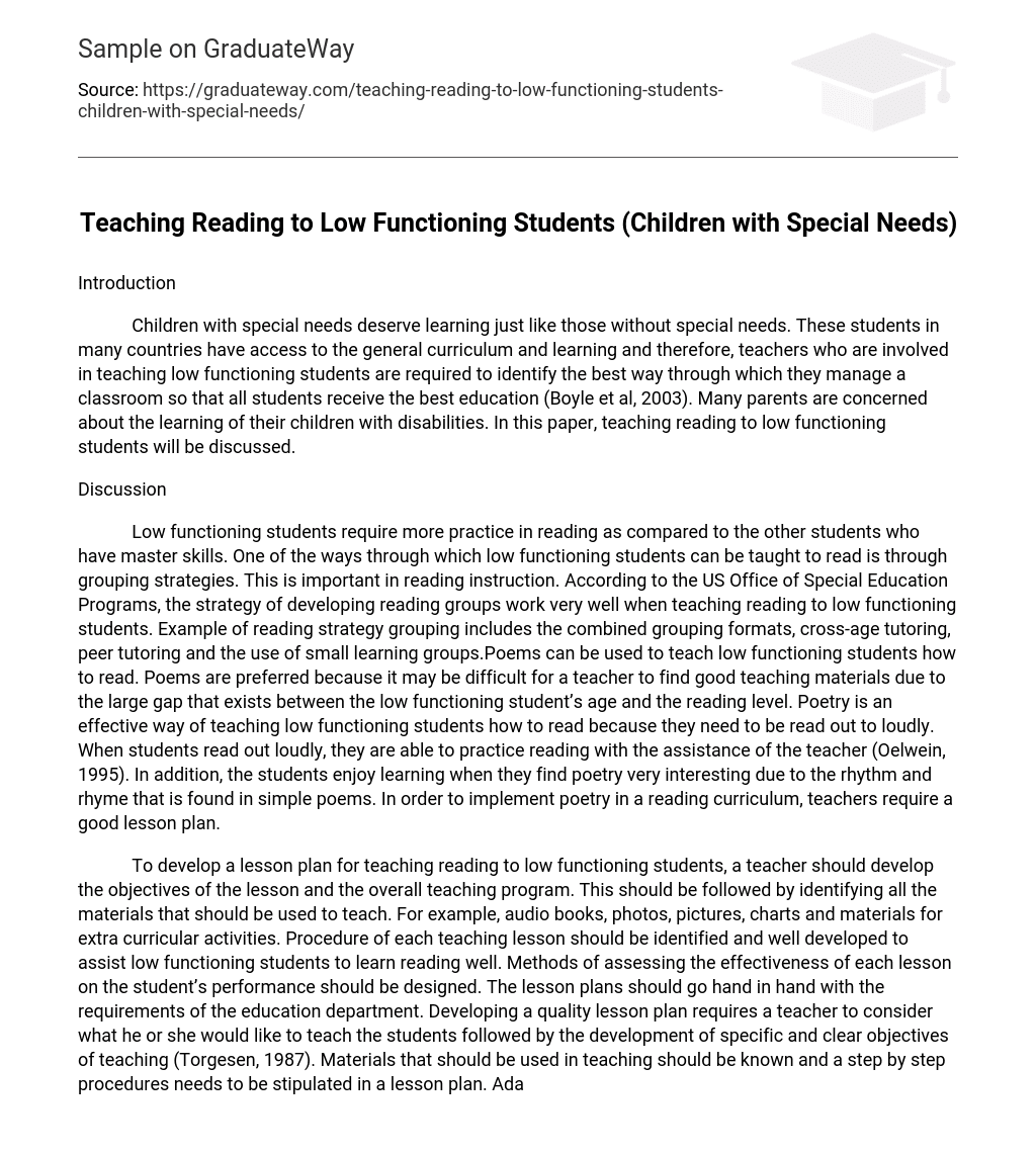 Teaching Reading to Low Functioning Students (Children with Special Needs)