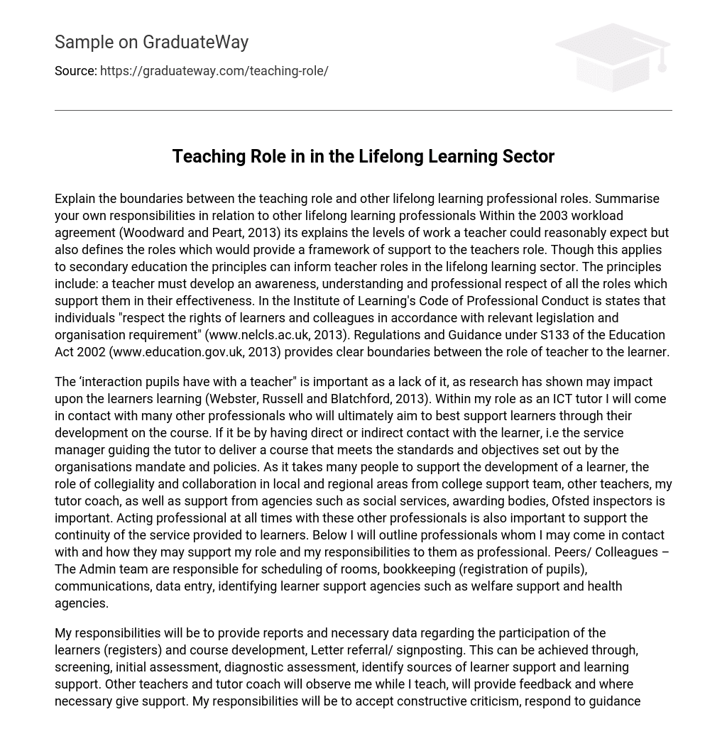Teaching Role in  in the Lifelong Learning Sector