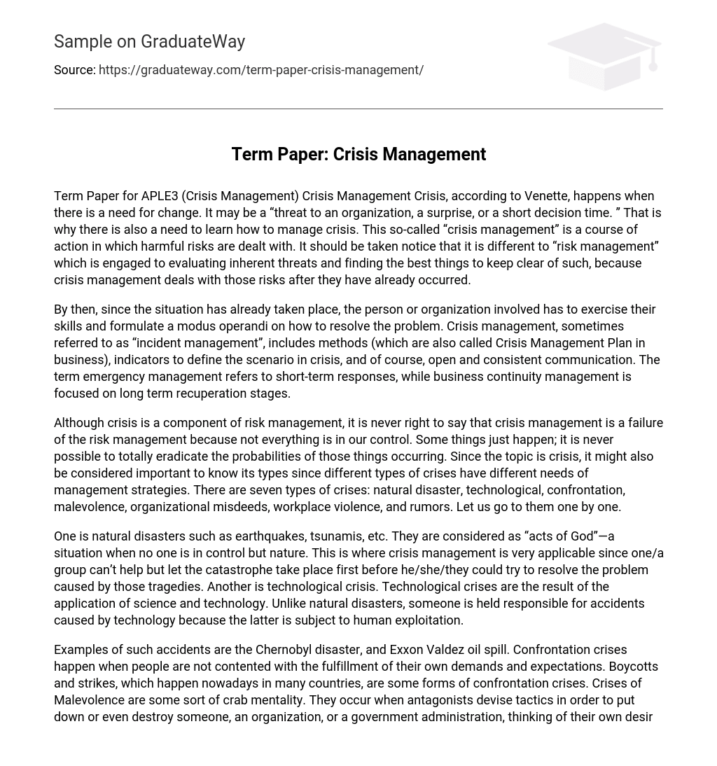 Term Paper: Crisis Management