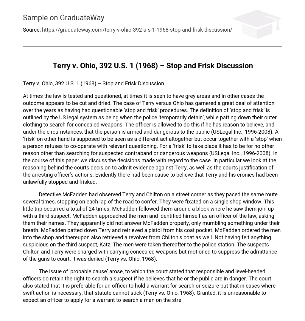 Terry v. Ohio, 392 U.S. 1 (1968) – Stop and Frisk Discussion