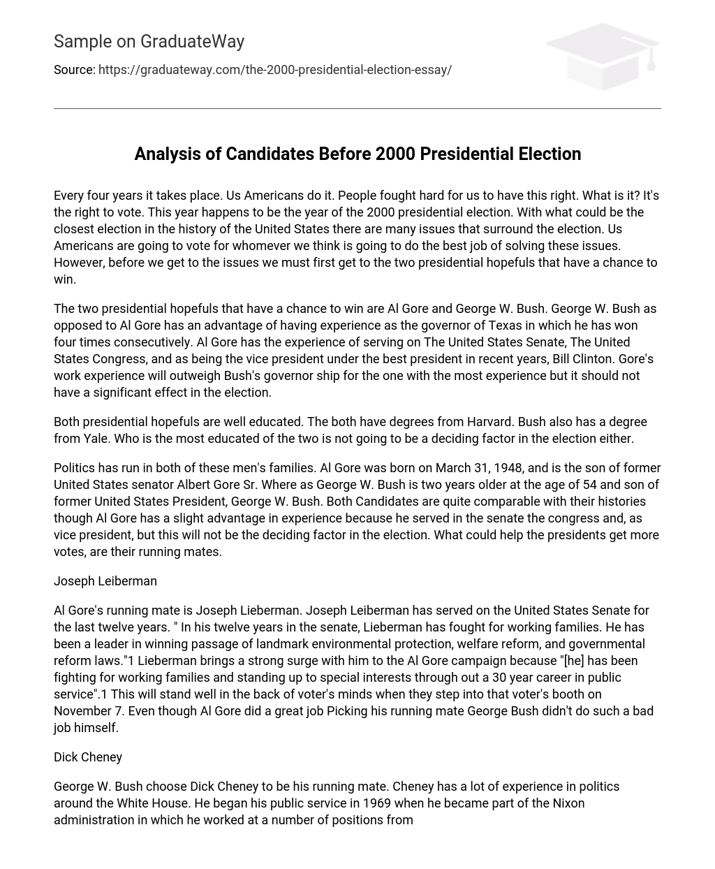 Analysis of Candidates Before 2000 Presidential Election