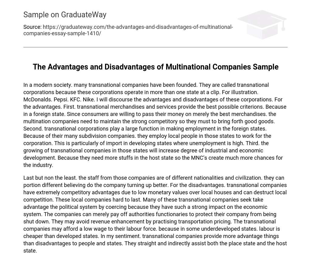 The Advantages and Disadvantages of Multinational Companies Sample