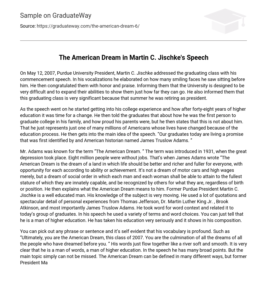 The American Dream in Martin C. Jischke’s Speech Analysis