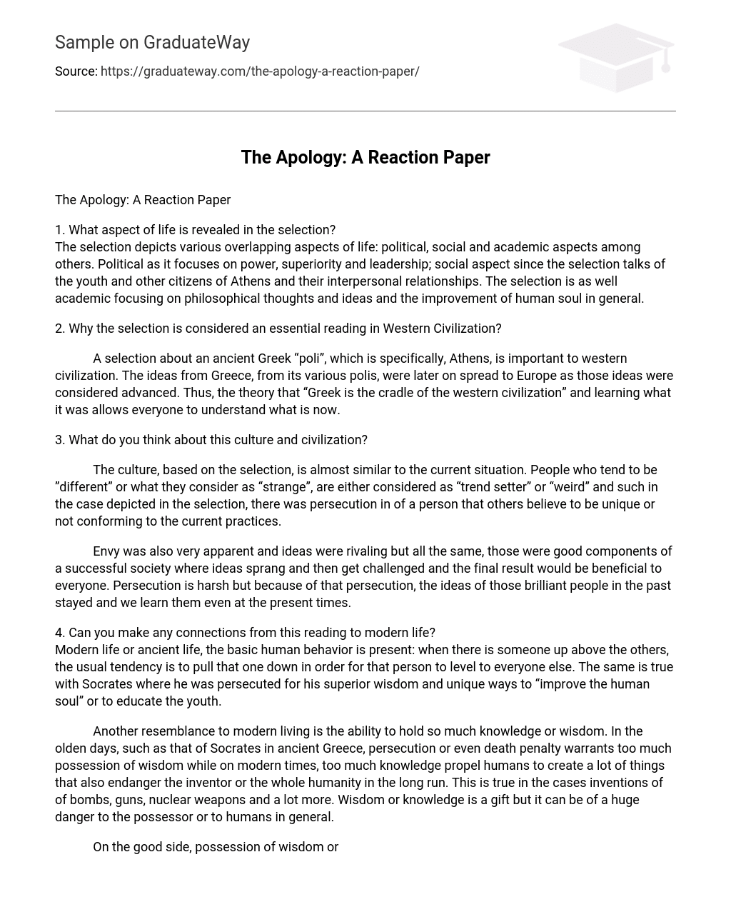 The Apology: A Reaction Paper