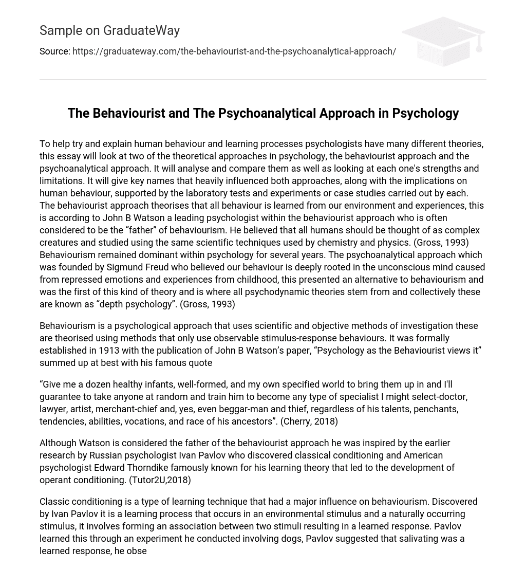 The Behaviourist and The Psychoanalytical Approach in Psychology
