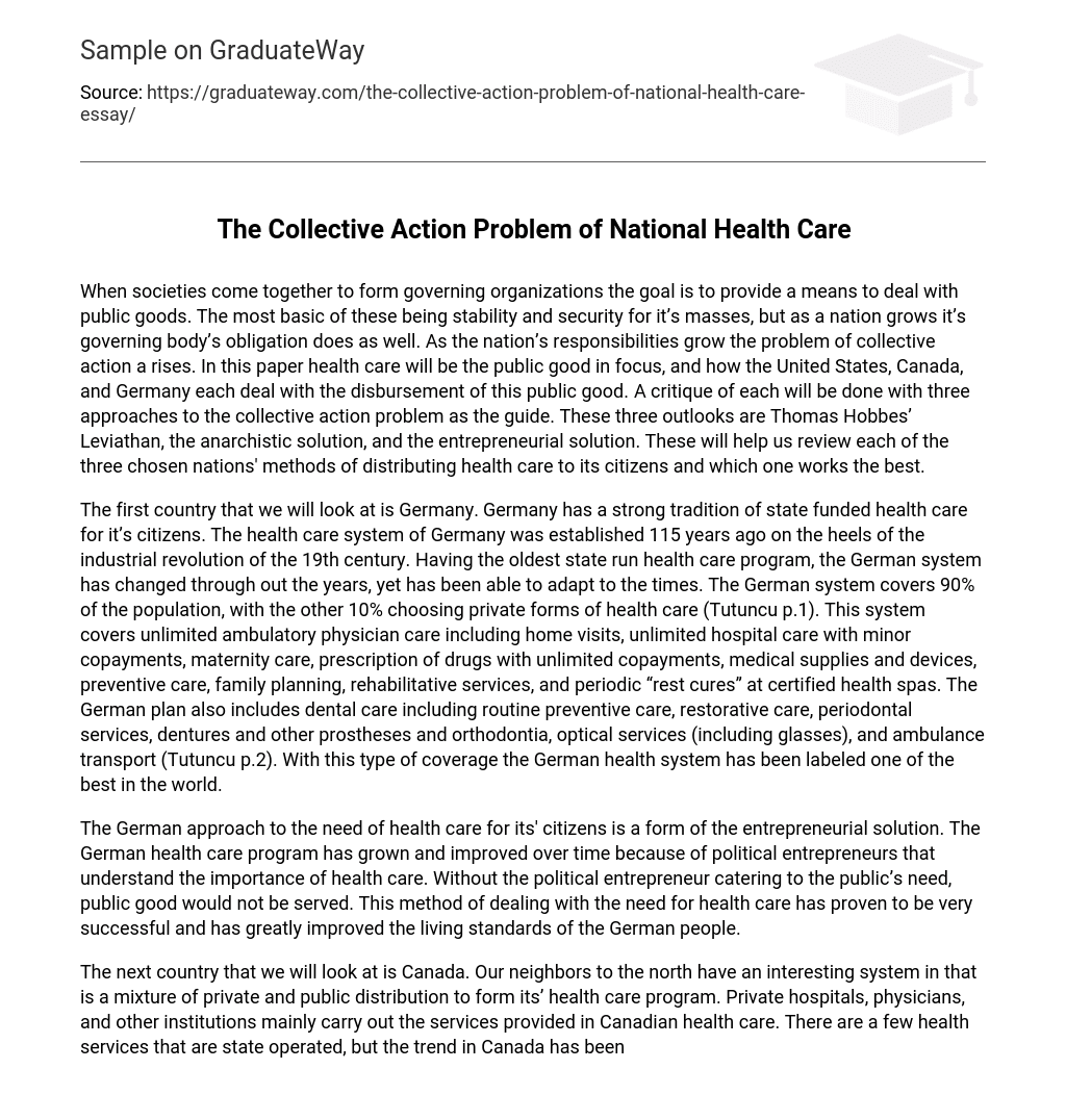 The Collective Action Problem of National Health Care