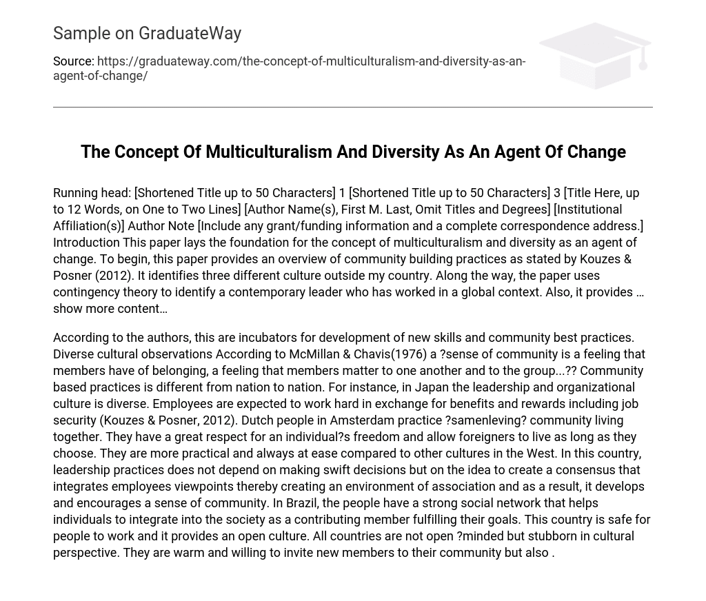 The Concept Of Multiculturalism And Diversity As An Agent Of Change