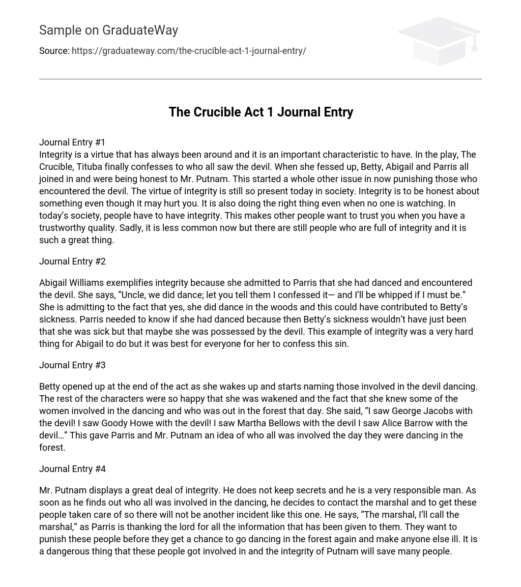The Crucible Act 1 Journal Entry