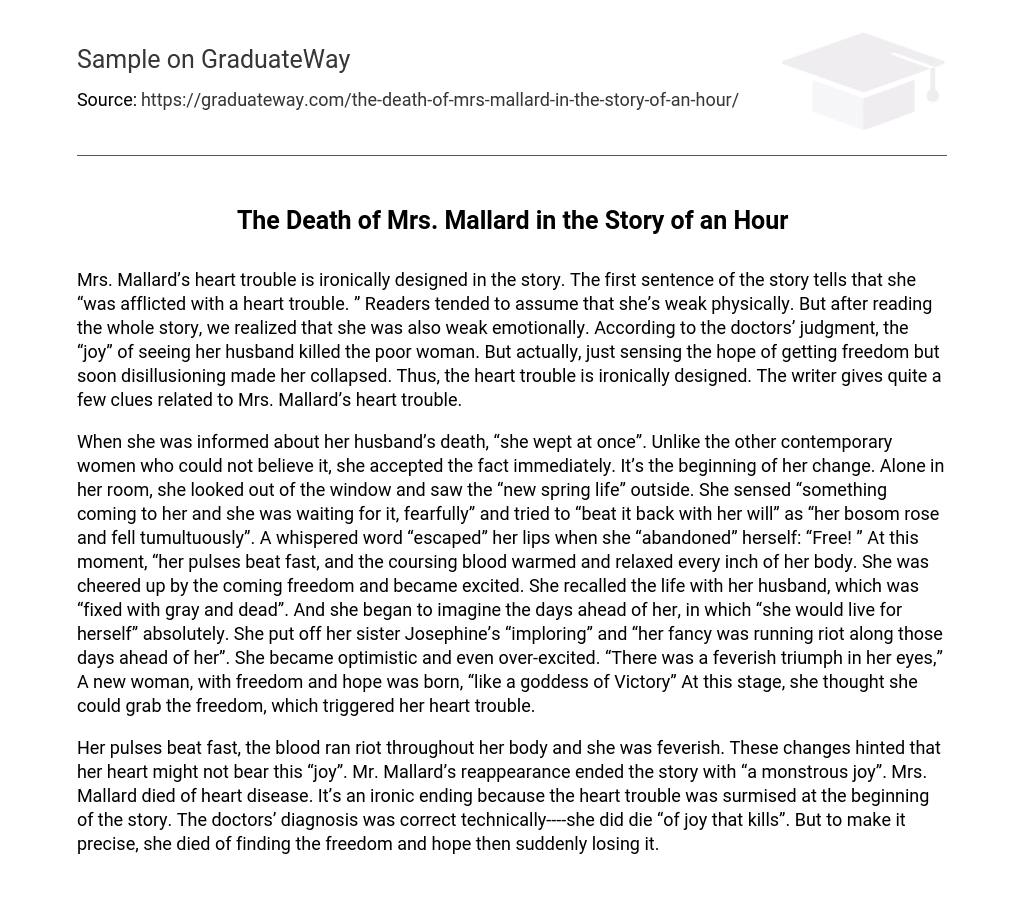  The Death Of Mrs Mallard In The Story Of An Hour Essay Example 