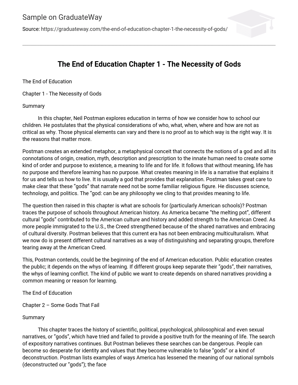 The End of Education Chapter 1 – The Necessity of Gods Short Summary