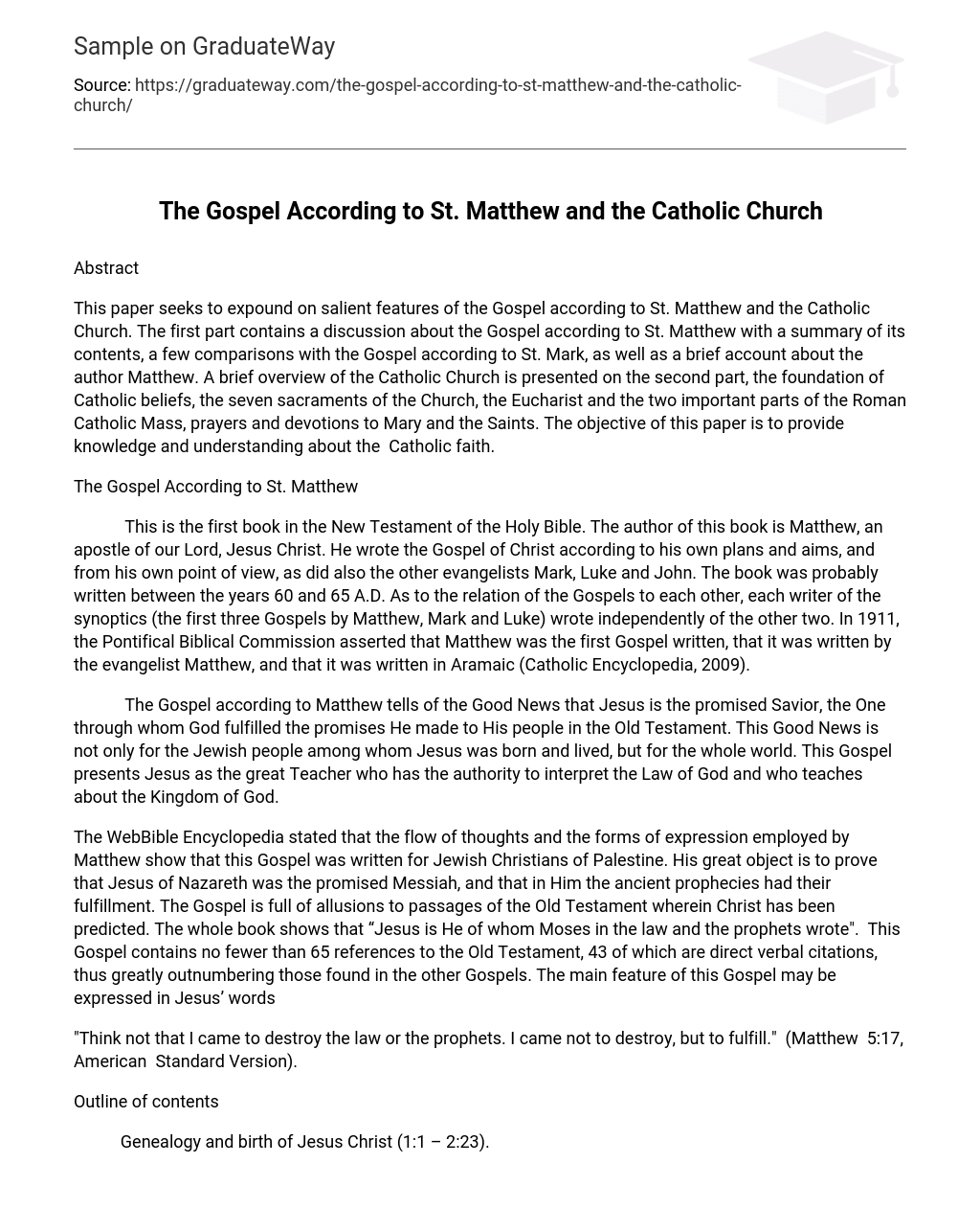 The Gospel According to St. Matthew and the Catholic Church