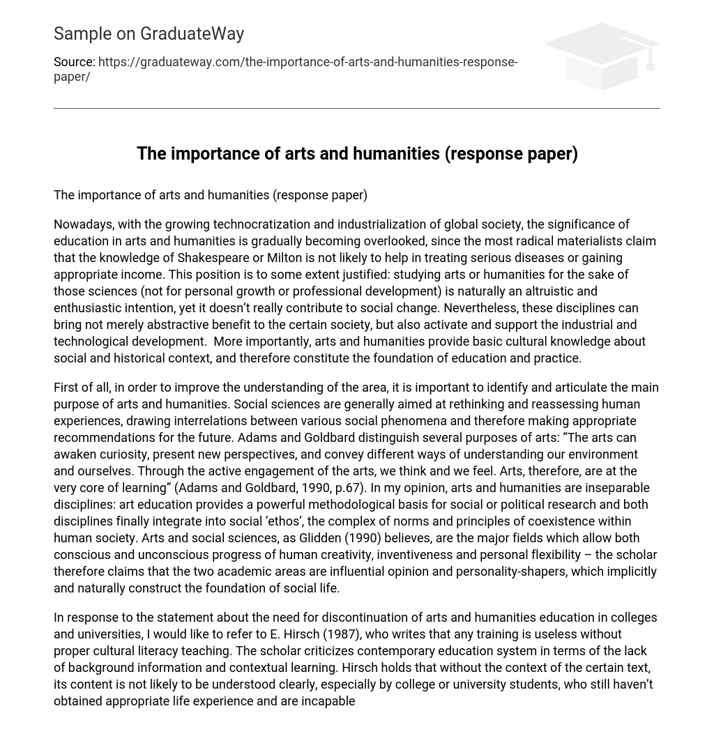 The importance of arts and humanities (response paper)