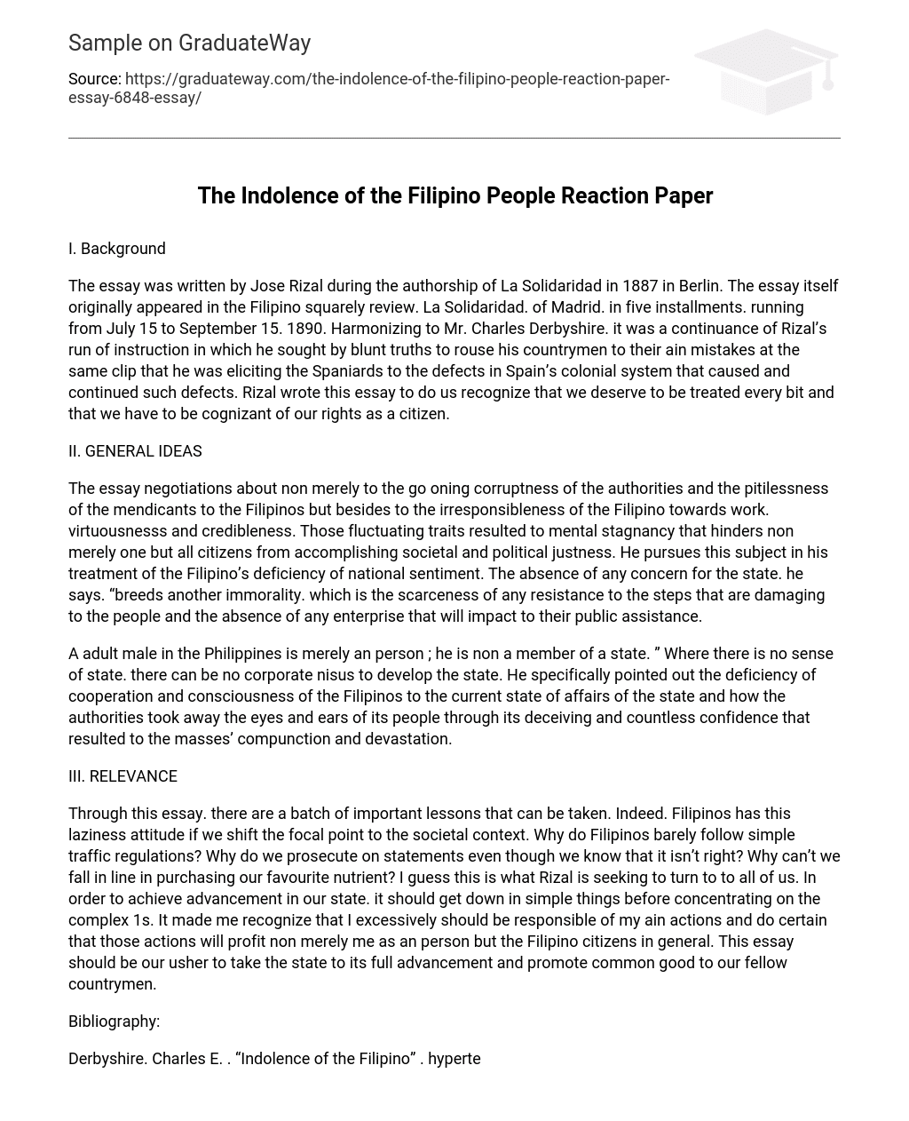 The Indolence of the Filipino People Reaction Paper Analysis