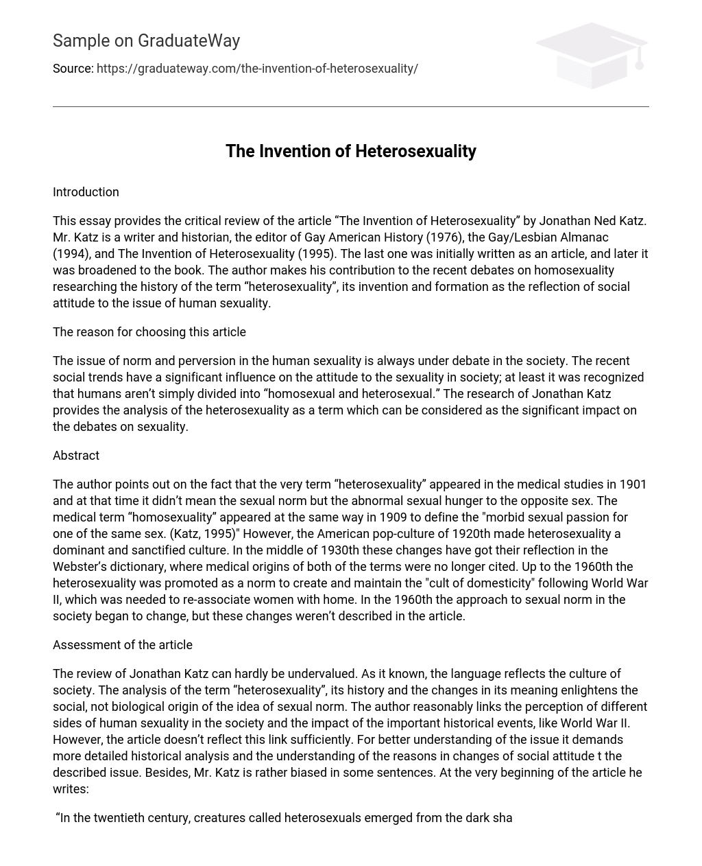 The Invention of Heterosexuality Short Summary