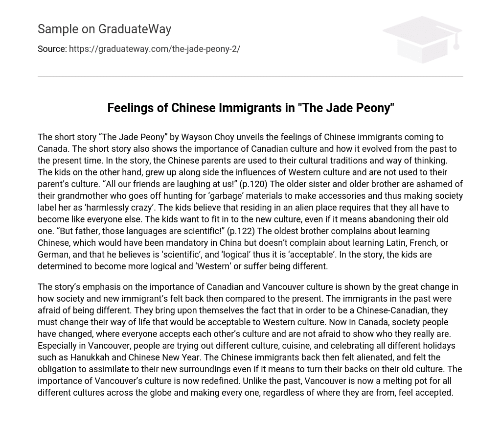 Feelings of Chinese Immigrants in “The Jade Peony”