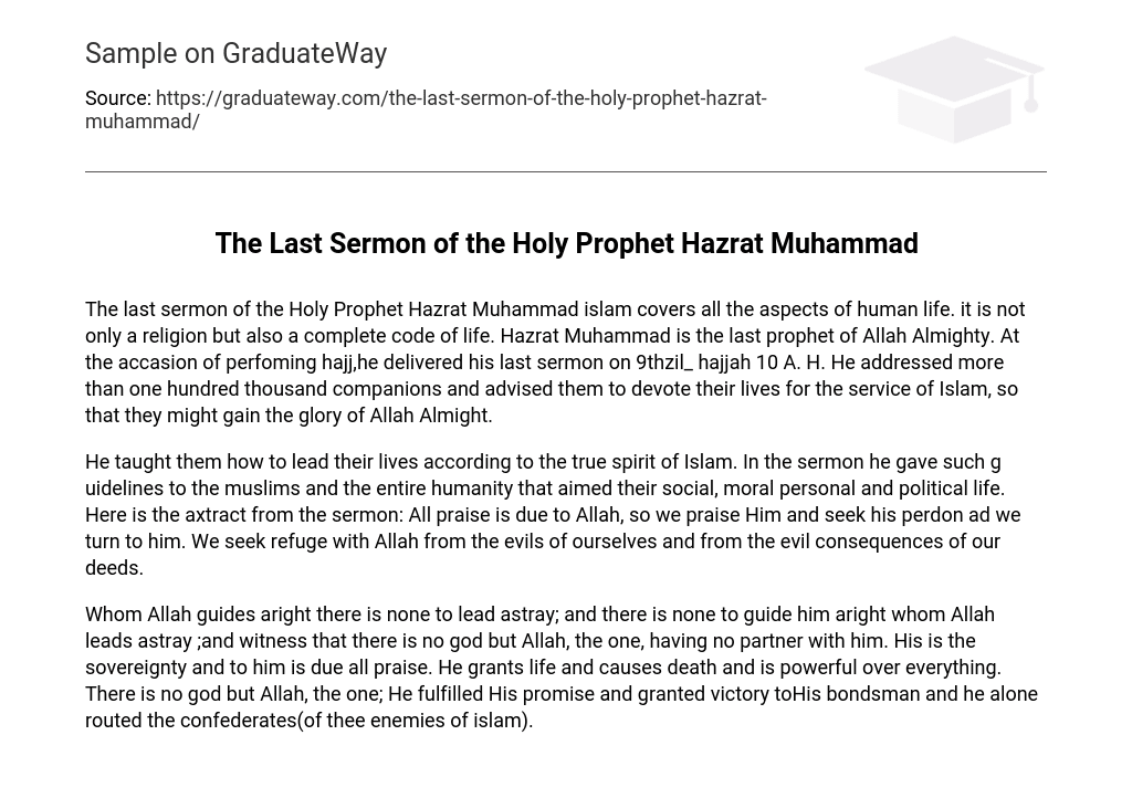 The Last Sermon of the Holy Prophet Hazrat Muhammad