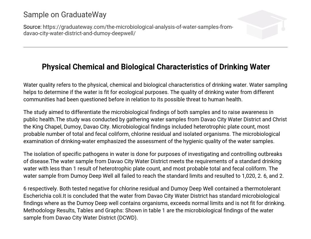 Physical Chemical and Biological Characteristics of Drinking Water