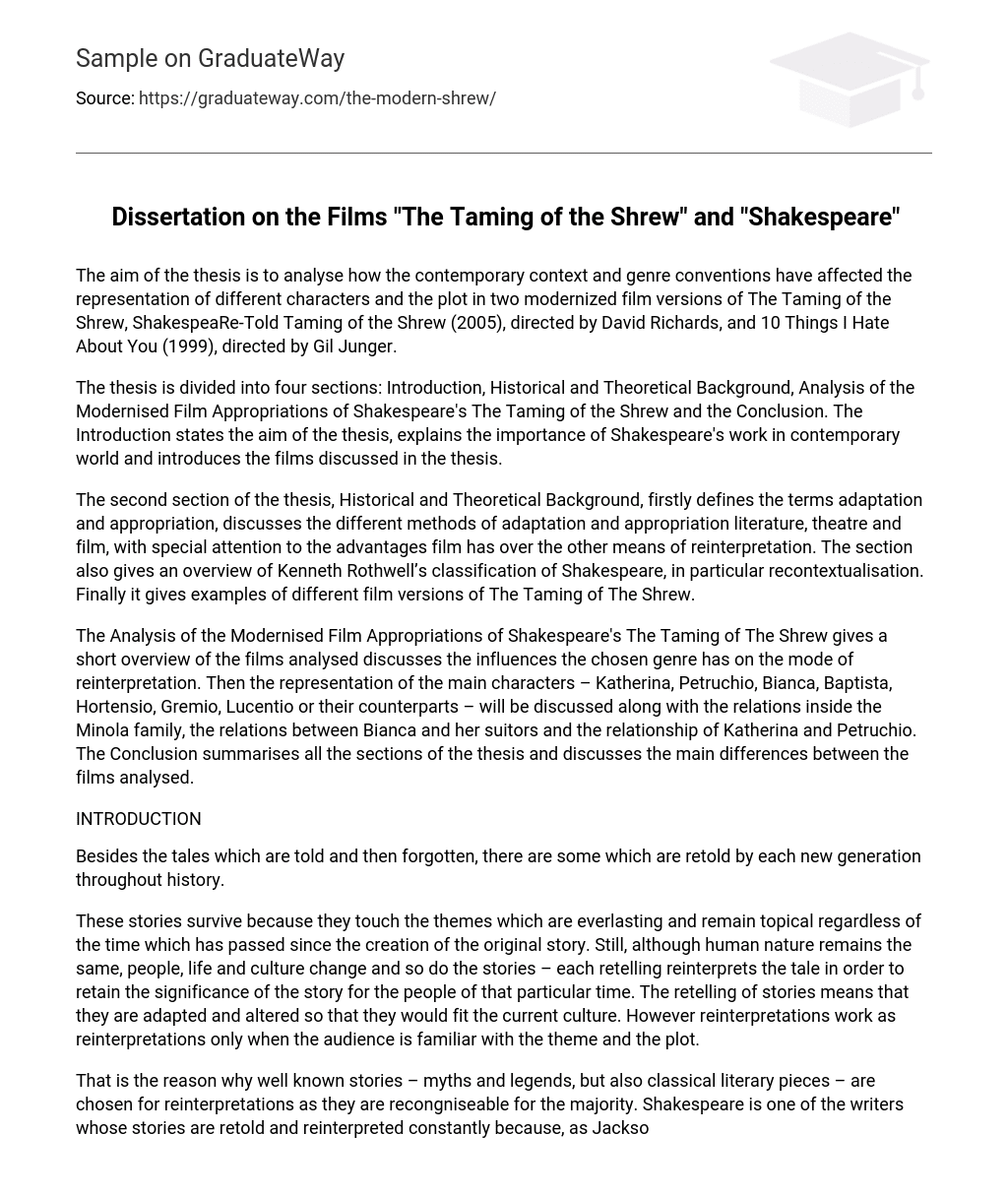 Dissertation on the Films “The Taming of the Shrew” and “Shakespeare”