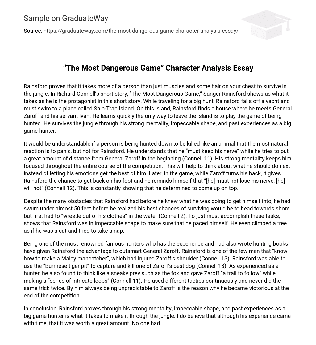 “The Most Dangerous Game” Character Analysis Essay