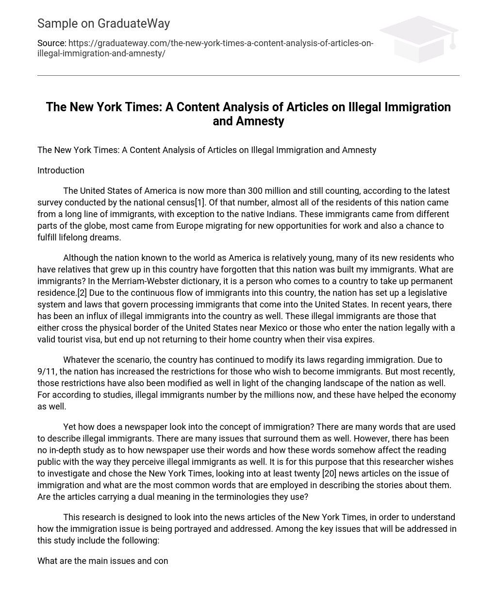 The New York Times: A Content Analysis of Articles on Illegal Immigration and Amnesty