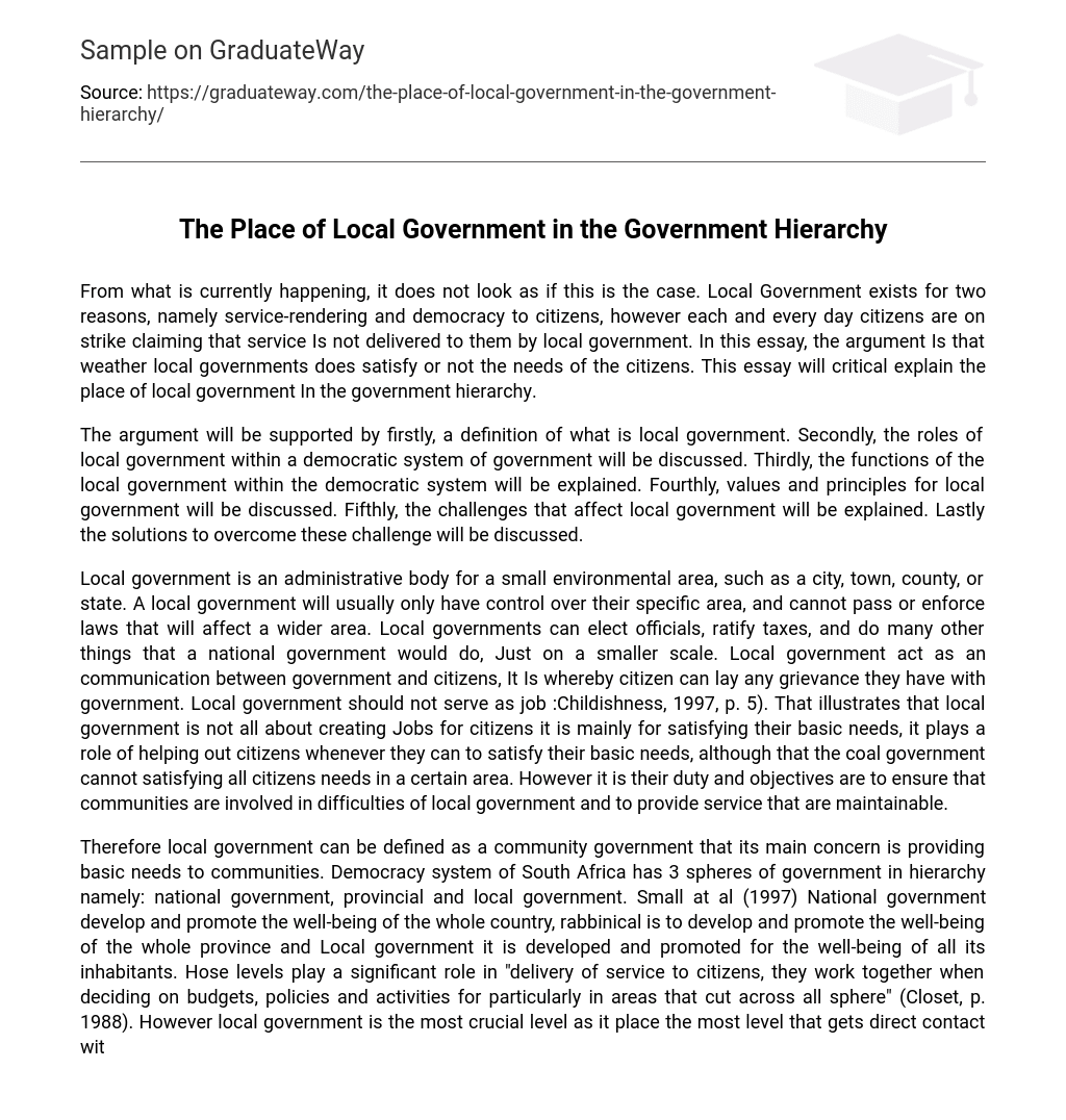 The Place of Local Government in the Government Hierarchy