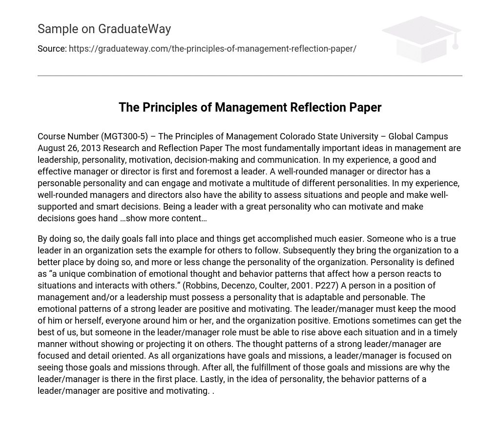 The Principles of Management Reflection Paper
