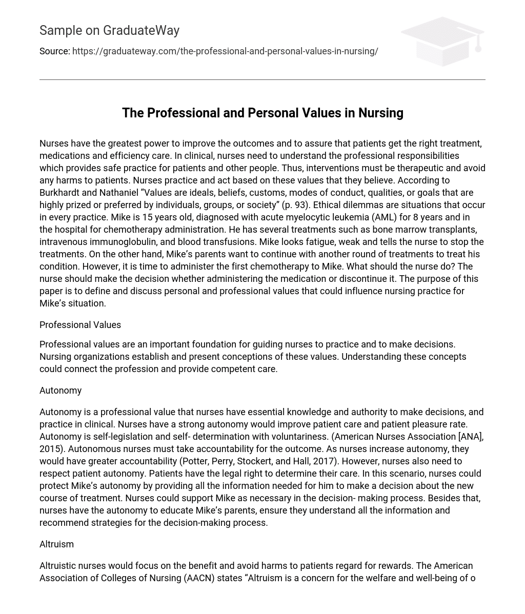 The Professional and Personal Values in Nursing