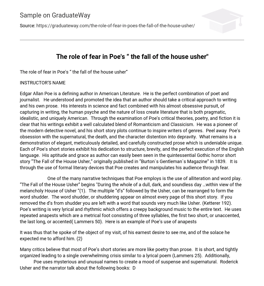 The role of fear in Poe’s “ the fall of the house usher” Analysis