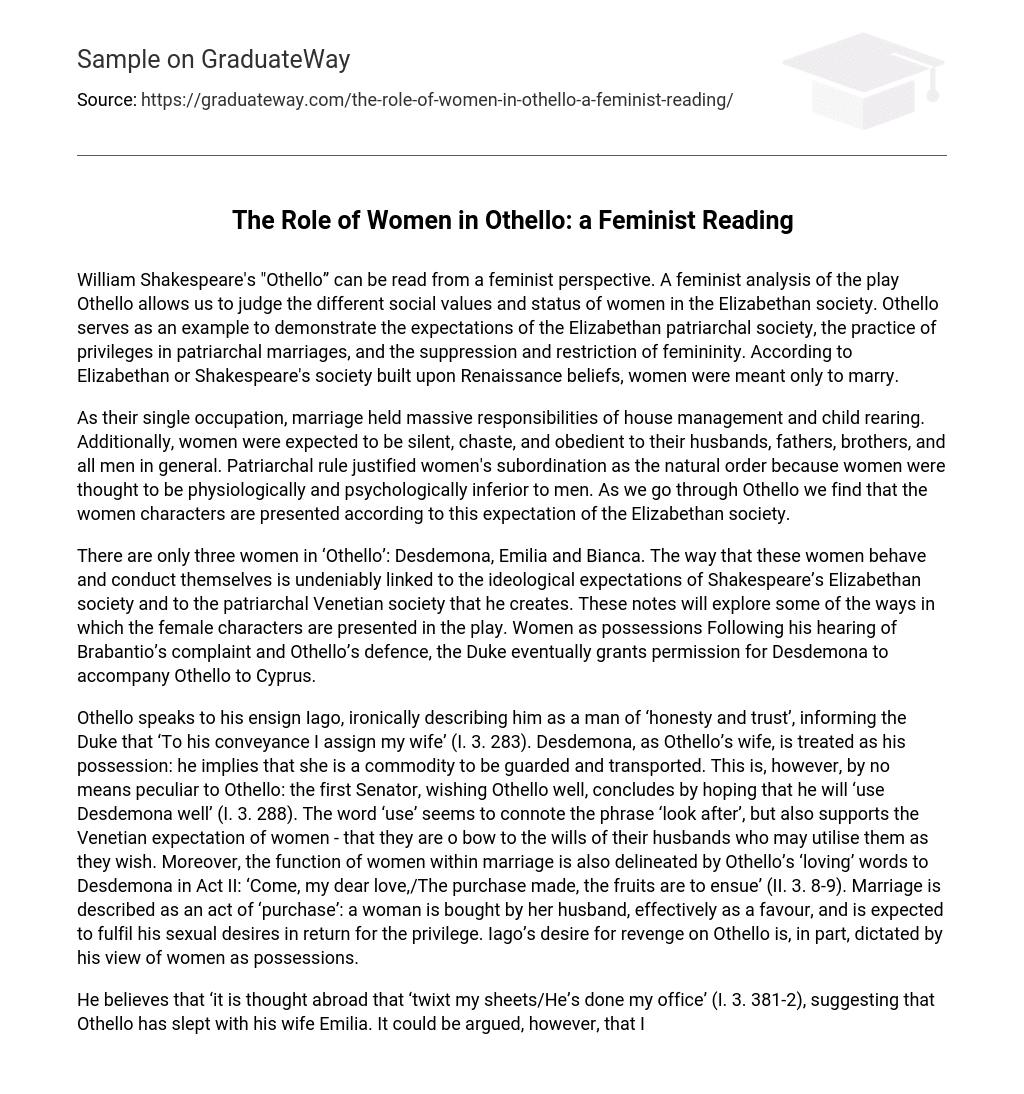 othello essay on women's roles