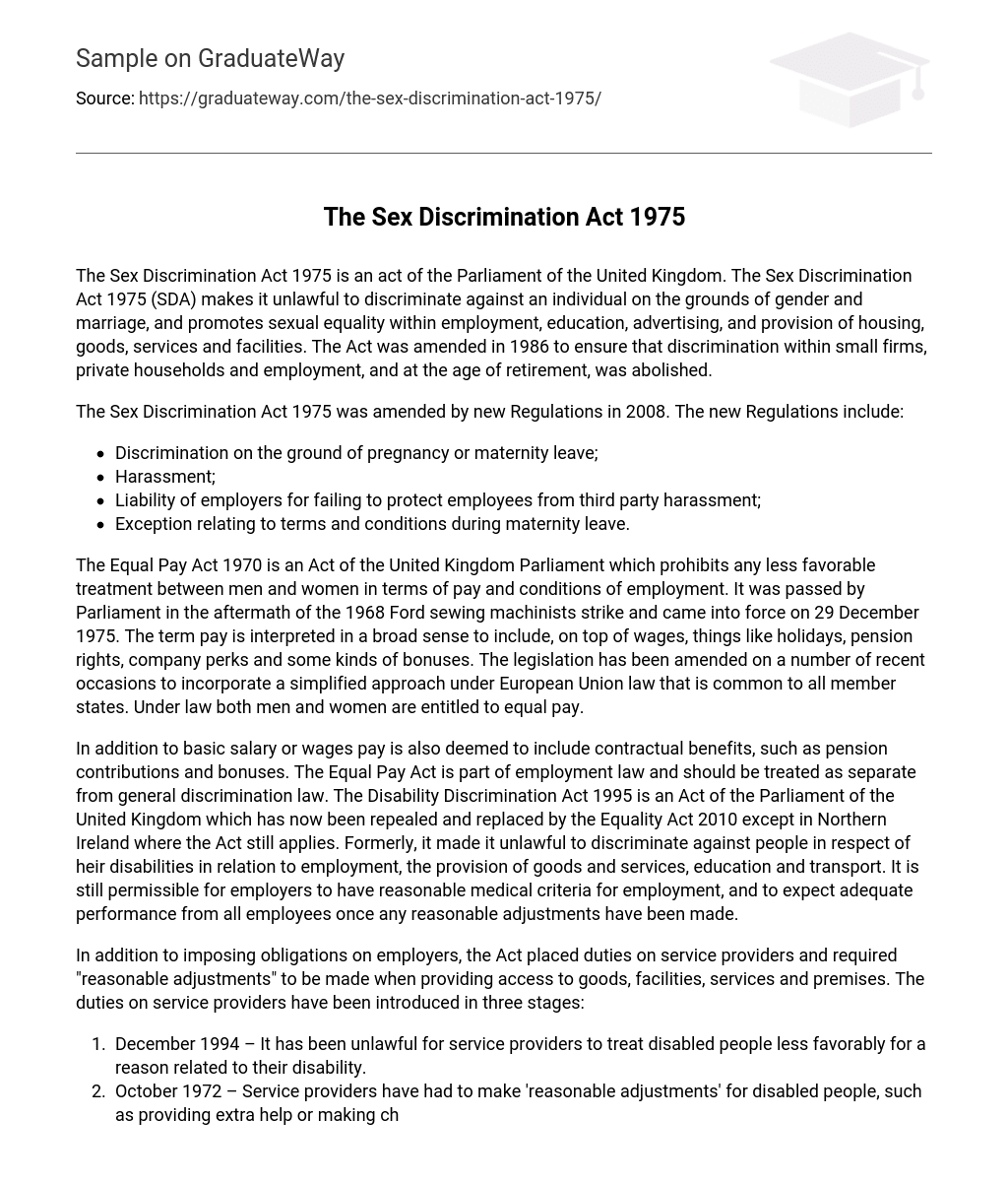 The Sex Discrimination Act Short Summary