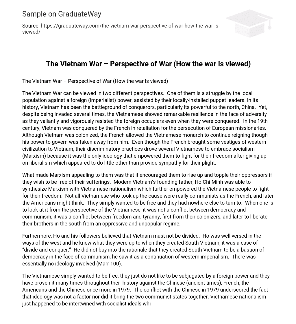The Vietnam War – Perspective of War (How the war is viewed)