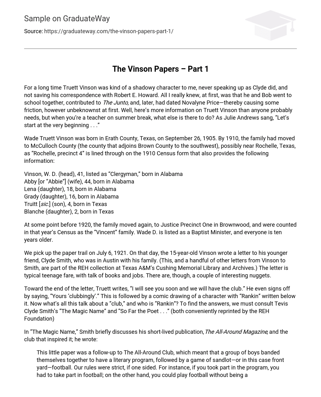 The Truett Vinson Papers – Part 1