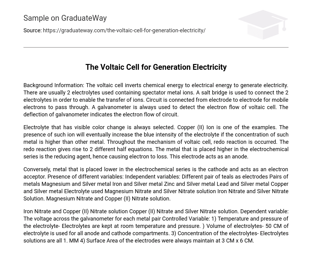 The Voltaic Cell for Generation Electricity