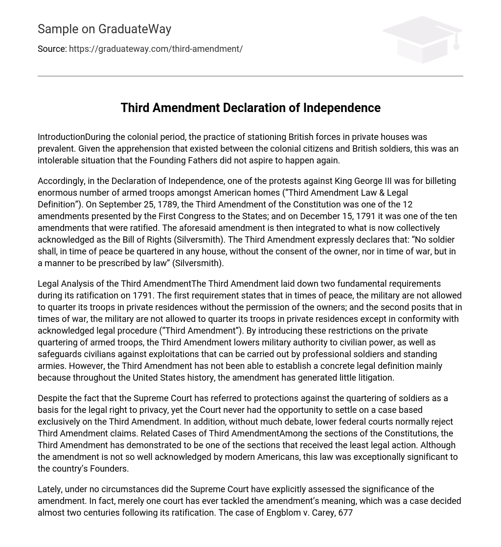 Third Amendment Declaration of Independence Short Summary