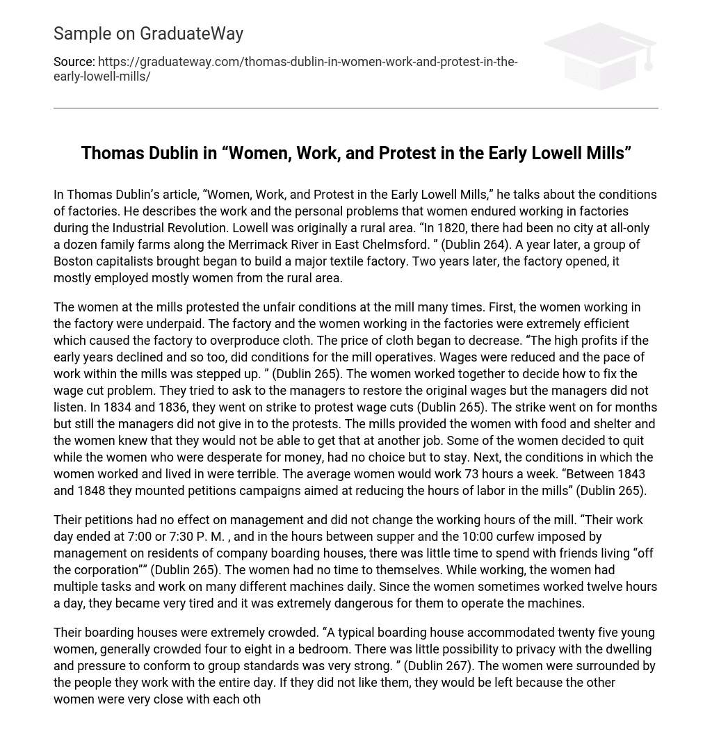 Thomas Dublin in “Women, Work, and Protest in the Early Lowell Mills” Short Summary