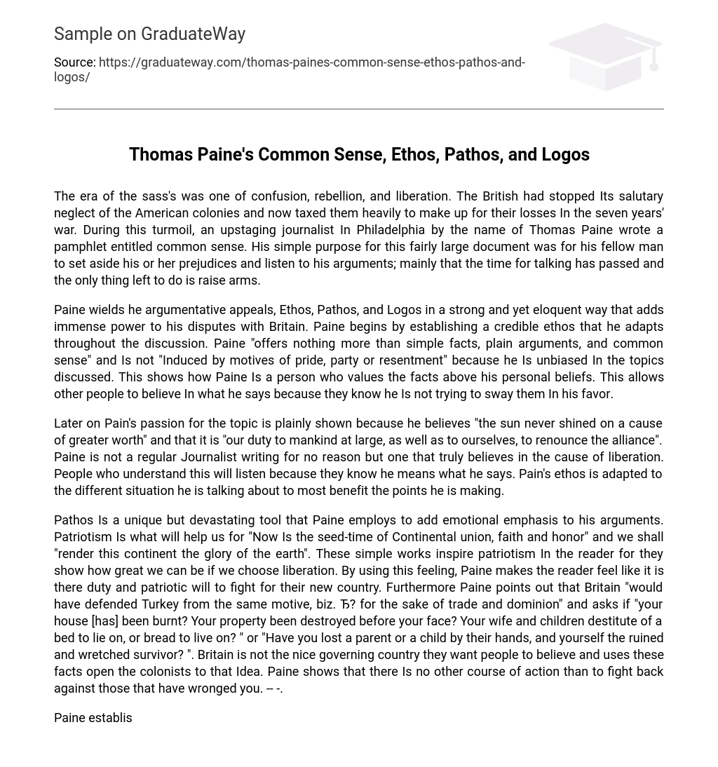 Thomas Paine’s Common Sense, Ethos, Pathos, and Logos
