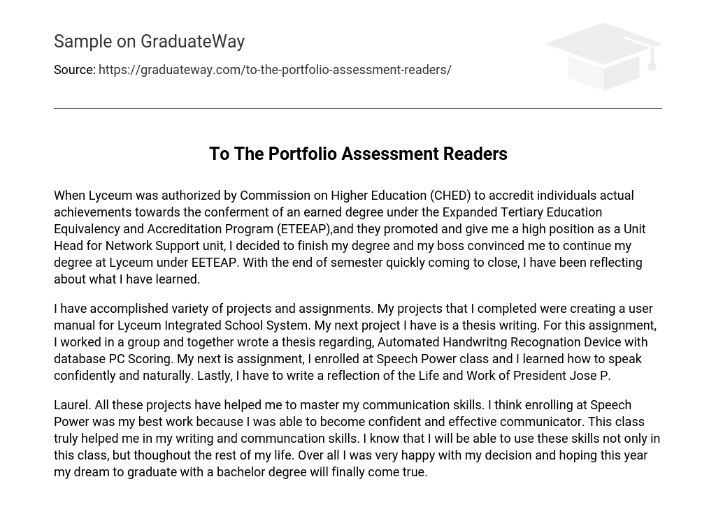 To The Portfolio Assessment Readers