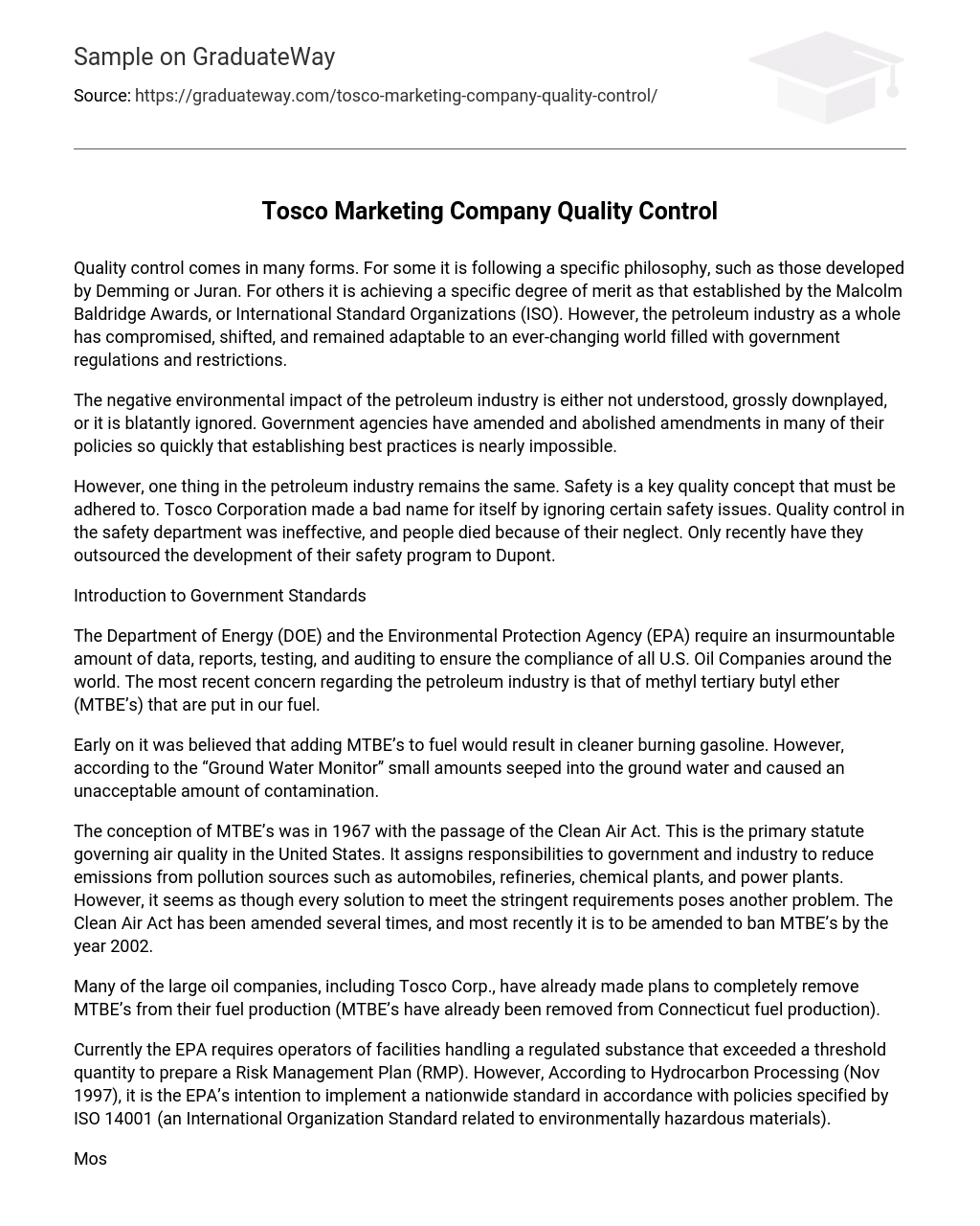 Tosco Marketing Company Quality Control